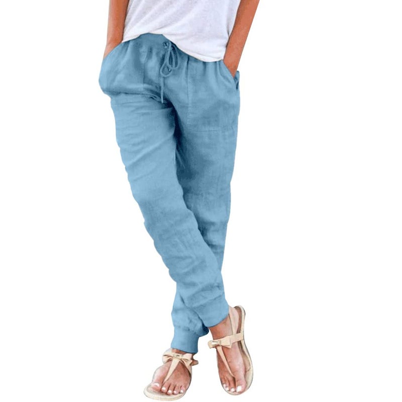 Puimentiua Womens Tapered Pants Cotton Linen Drawstring Back Elastic Waist Pants Casual Trousers with Pockets Light Blue - Image 1